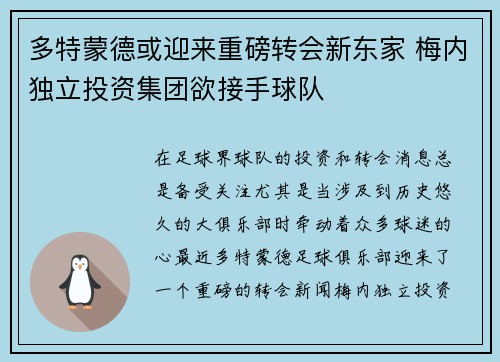 多特蒙德或迎来重磅转会新东家 梅内独立投资集团欲接手球队