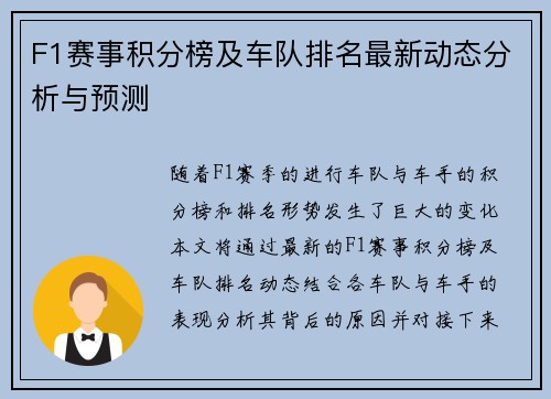F1赛事积分榜及车队排名最新动态分析与预测