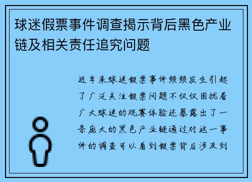 球迷假票事件调查揭示背后黑色产业链及相关责任追究问题